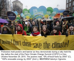 Protesters hold posters and banner as they demonstrate during rally held day before start of Paris Climate Change Summit in Kiev